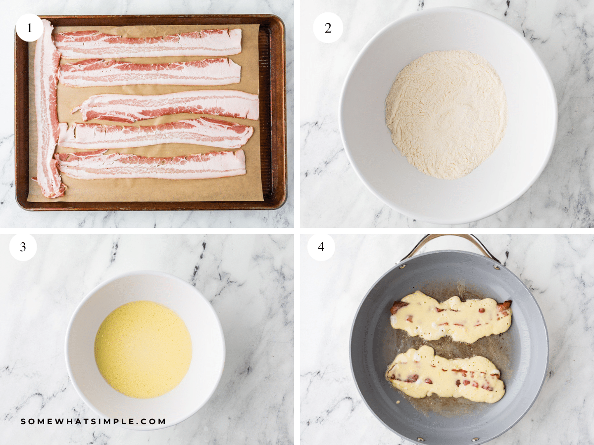 collage of 4 images showing how to make bacon pancake dippers