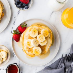 overhead shot of banana pancakes