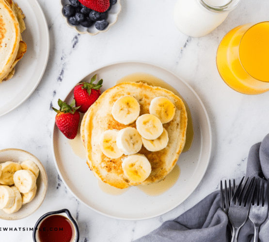 overhead shot of banana pancakes