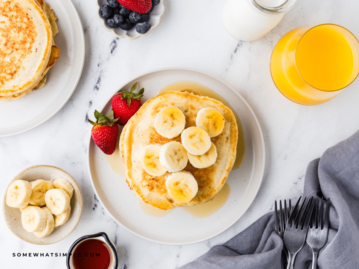 overhead shot of banana pancakes
