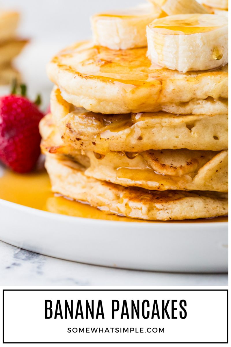 banana pancakes stacked with bananas and syrup on top