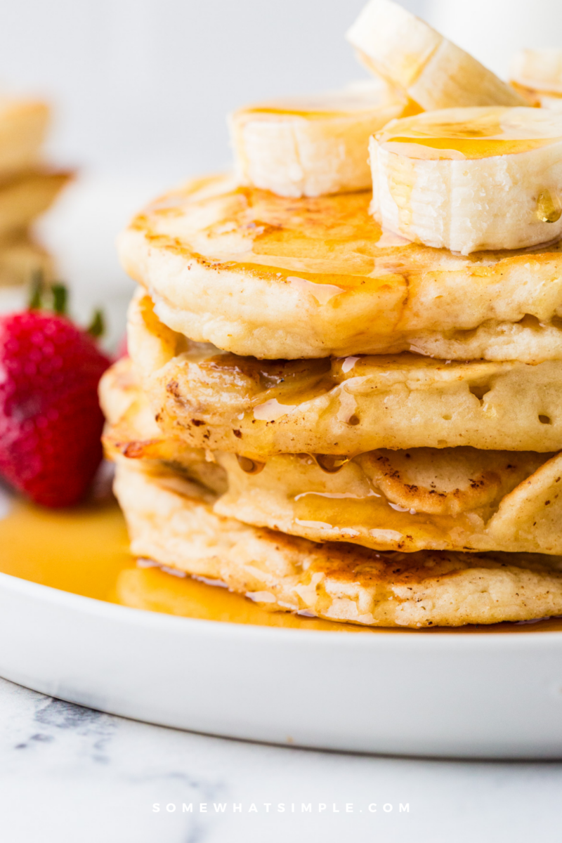 close up of a stack of banana pancakes