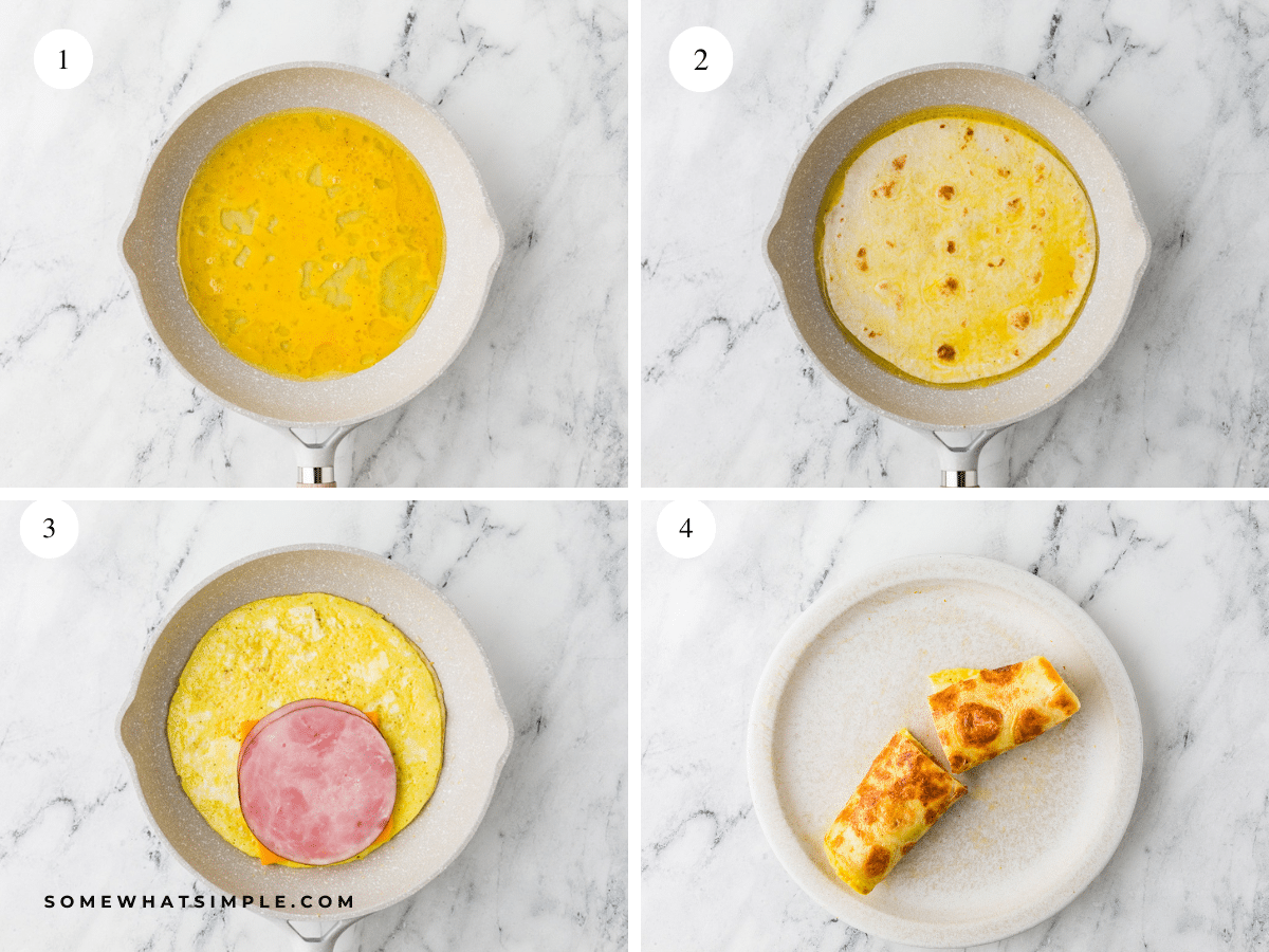 pictured images of how to make Tortilla Breakfast Wraps