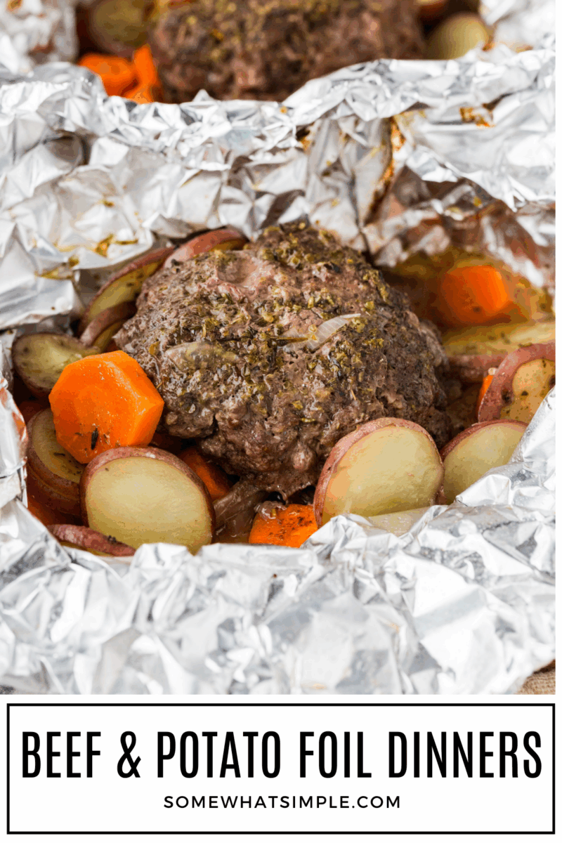 long image of Beef and Potato Foil Packet Dinners with a text overlay