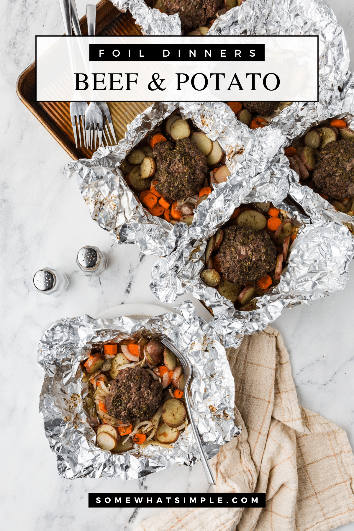 Beef and potato foil packet dinners are a delicious all-in-one meal, perfect for the oven, grill, or campfire! via @somewhatsimple