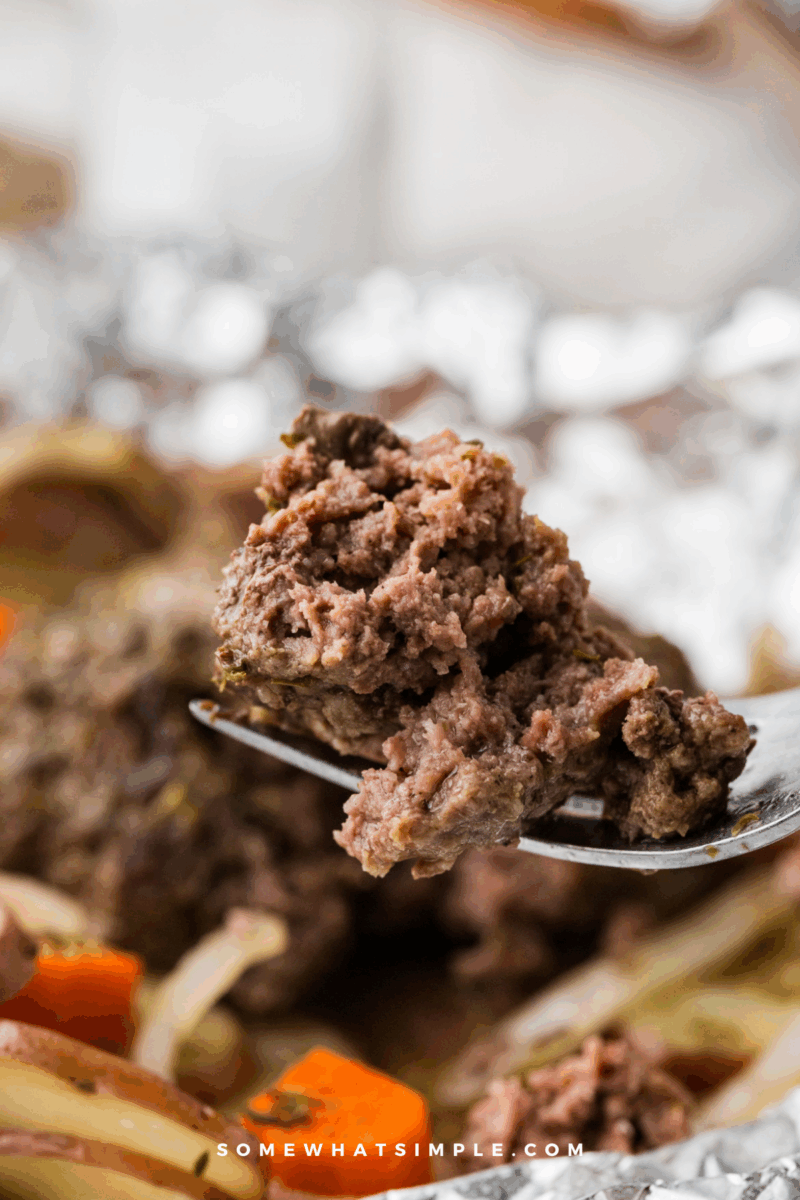 close up of Beef and Potato Foil Packet Dinners on a fork