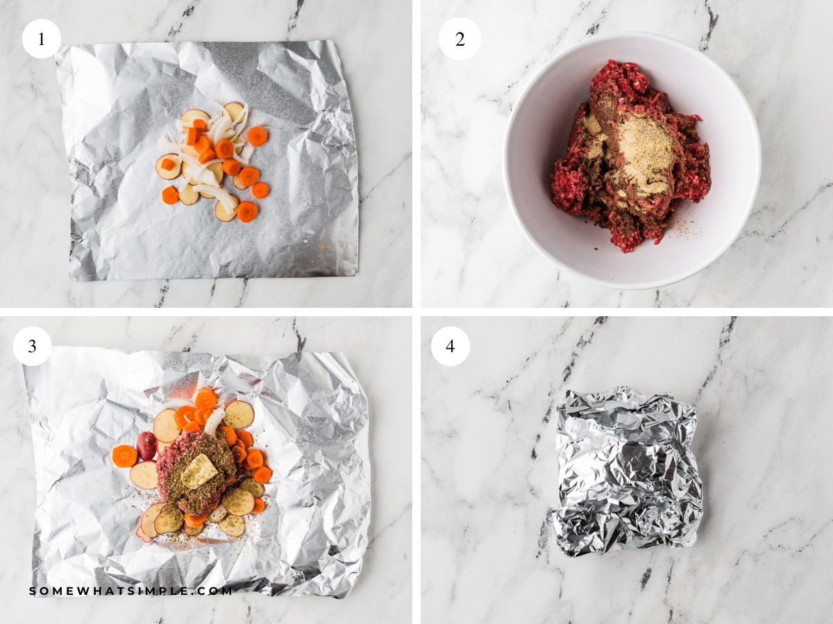 directions how to make Beef and Potato Foil Packet Dinners