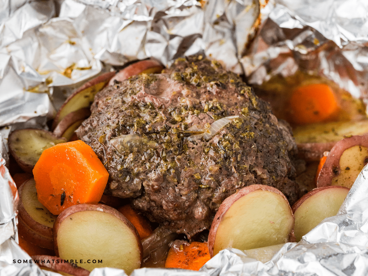 close up of Beef and Potato Foil Packet Dinners still in the foil