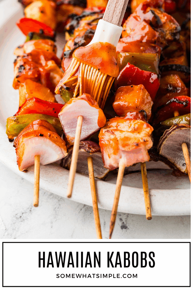long image of plated Hawaiian Bacon-Wrapped Chicken Kabobs