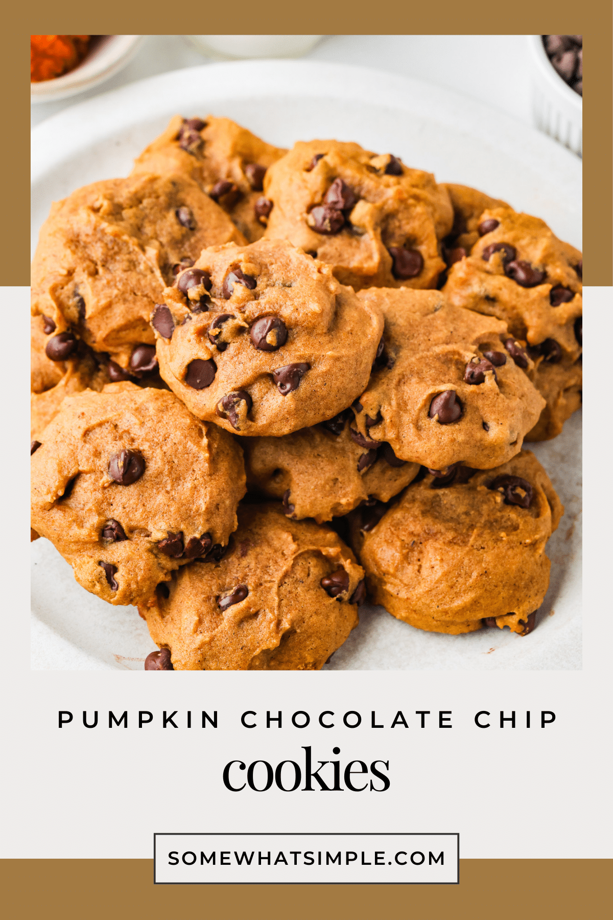 Soft, puffy pumpkin chocolate chip cookies loaded with fall flavor. Eat one (or five) for breakfast—it’s pumpkin season! via @somewhatsimple