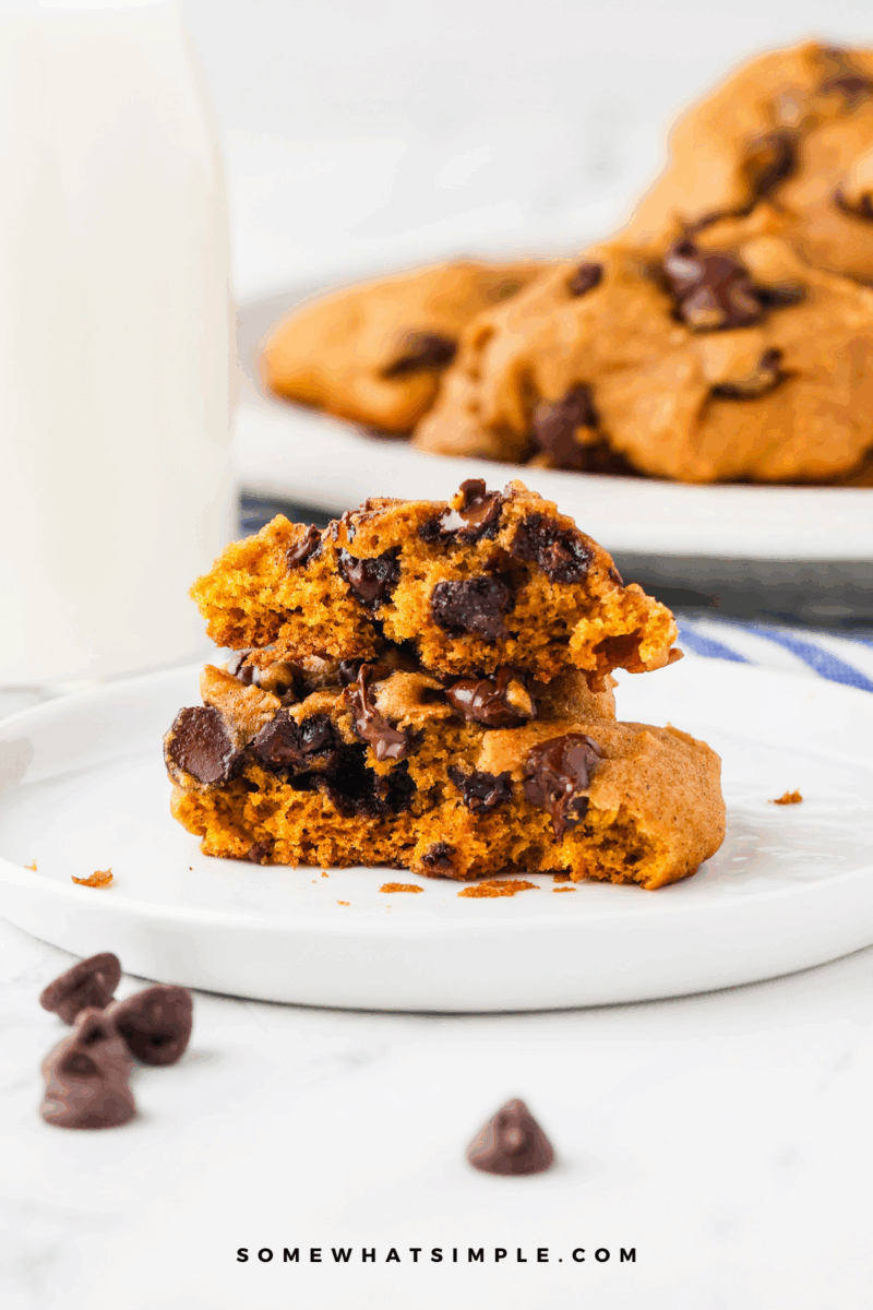 split Pumpkin Chocolate Chip Cookie on a plate to see the middle