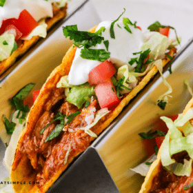 Close up of plated Rotisserie Chicken Tacos
