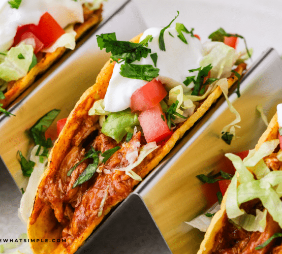 Close up of plated Rotisserie Chicken Tacos