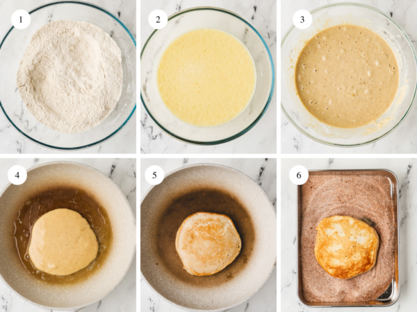 collage of images showing how to make churro pancakes