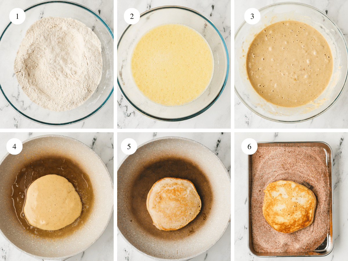 collage of images showing how to make churro pancakes