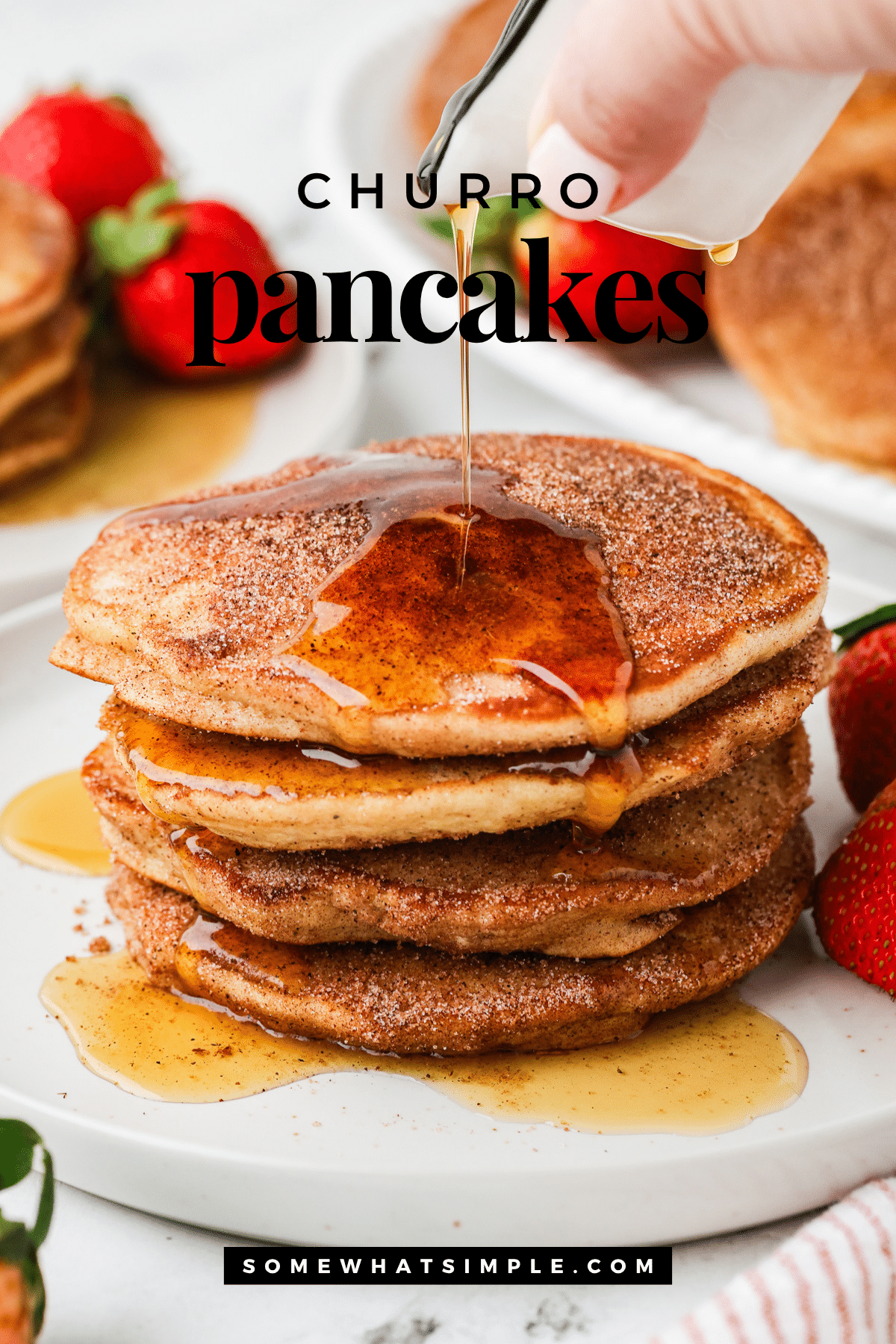 Fluffy Churro Pancakes coated in cinnamon sugar are an easy, irresistible breakfast your whole family will love! via @somewhatsimple