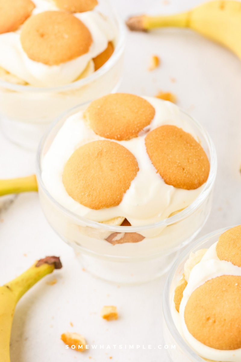 overhead shot of Banana Pudding in a round dessert dish