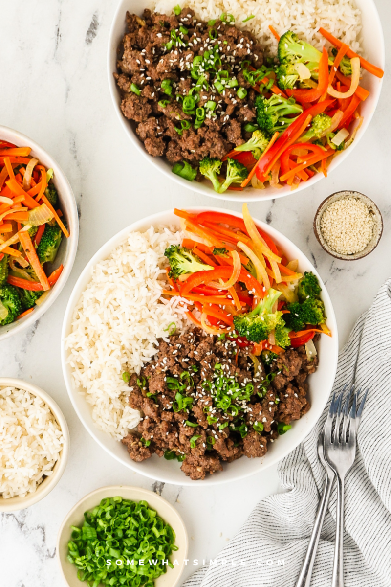 overhead shot of Korean Beef Bowls